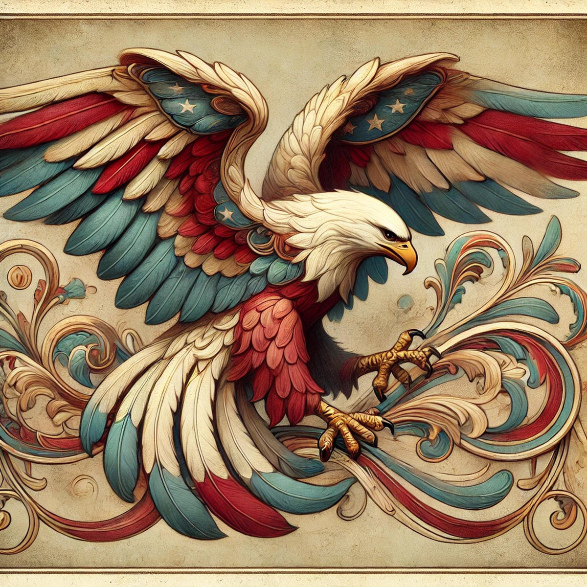 Art Nouveau Eagle Print: Patriotic Red White Blue Decor (Digital Download)