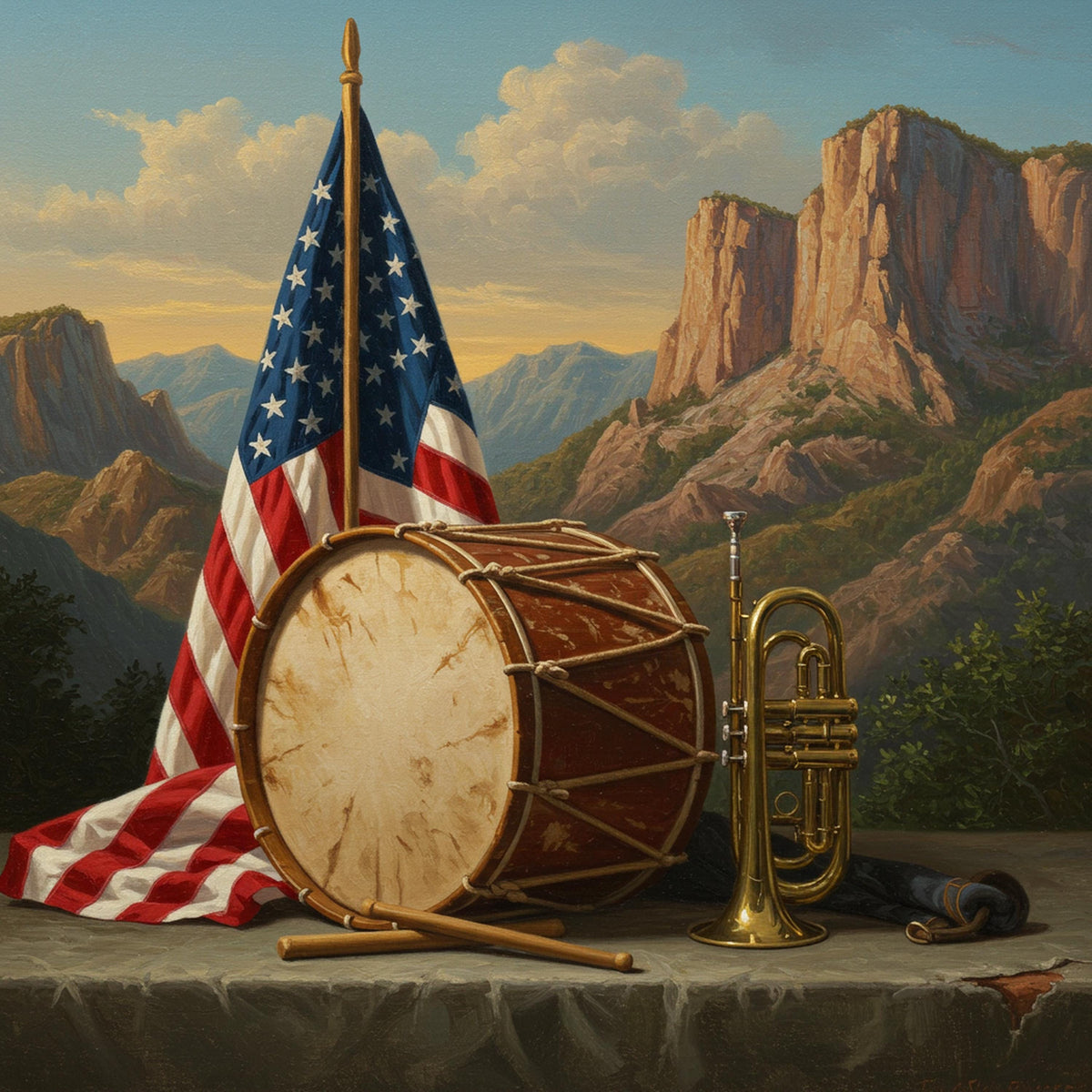 Patriotic Still Life Art Print: Drum, Trumpet & American Flag (Digital Download)