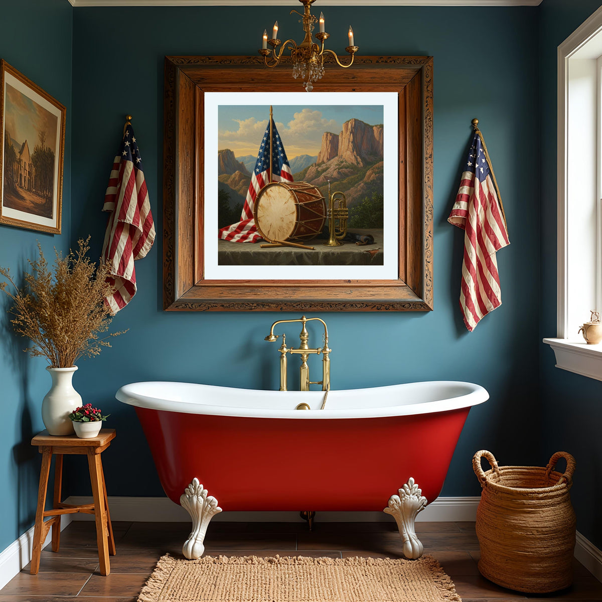 Patriotic Still Life Art Print: Drum, Trumpet & American Flag (Digital Download)