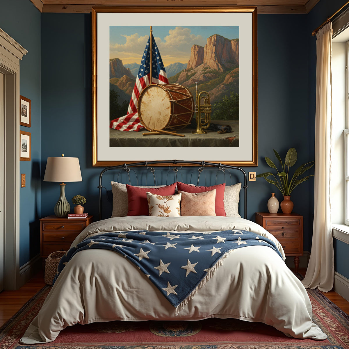 Patriotic Still Life Art Print: Drum, Trumpet & American Flag (Digital Download)
