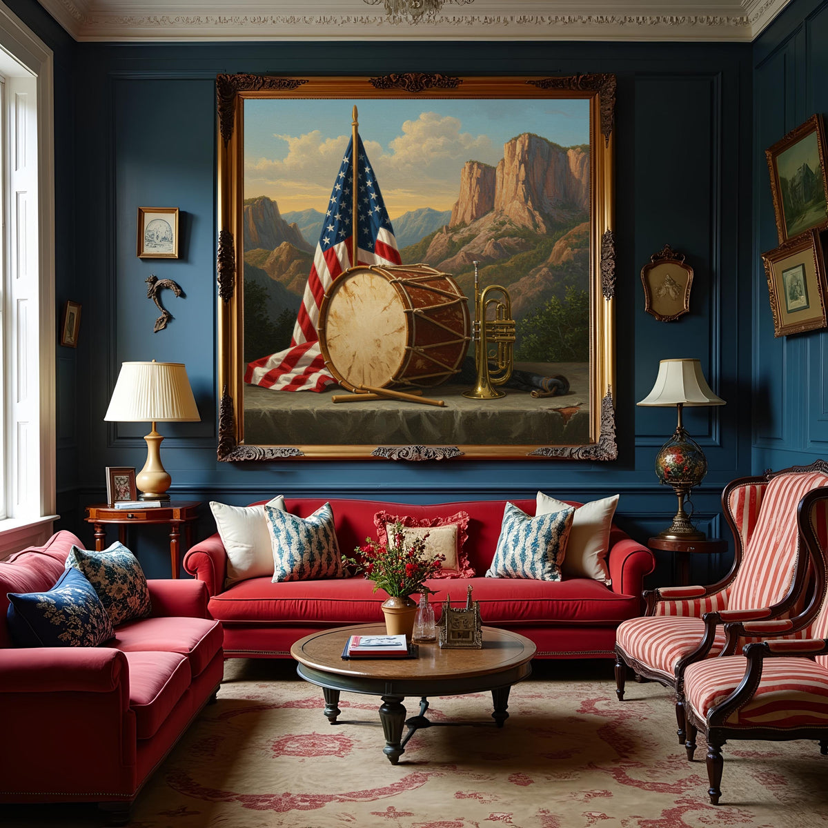 Patriotic Still Life Art Print: Drum, Trumpet & American Flag (Digital Download)