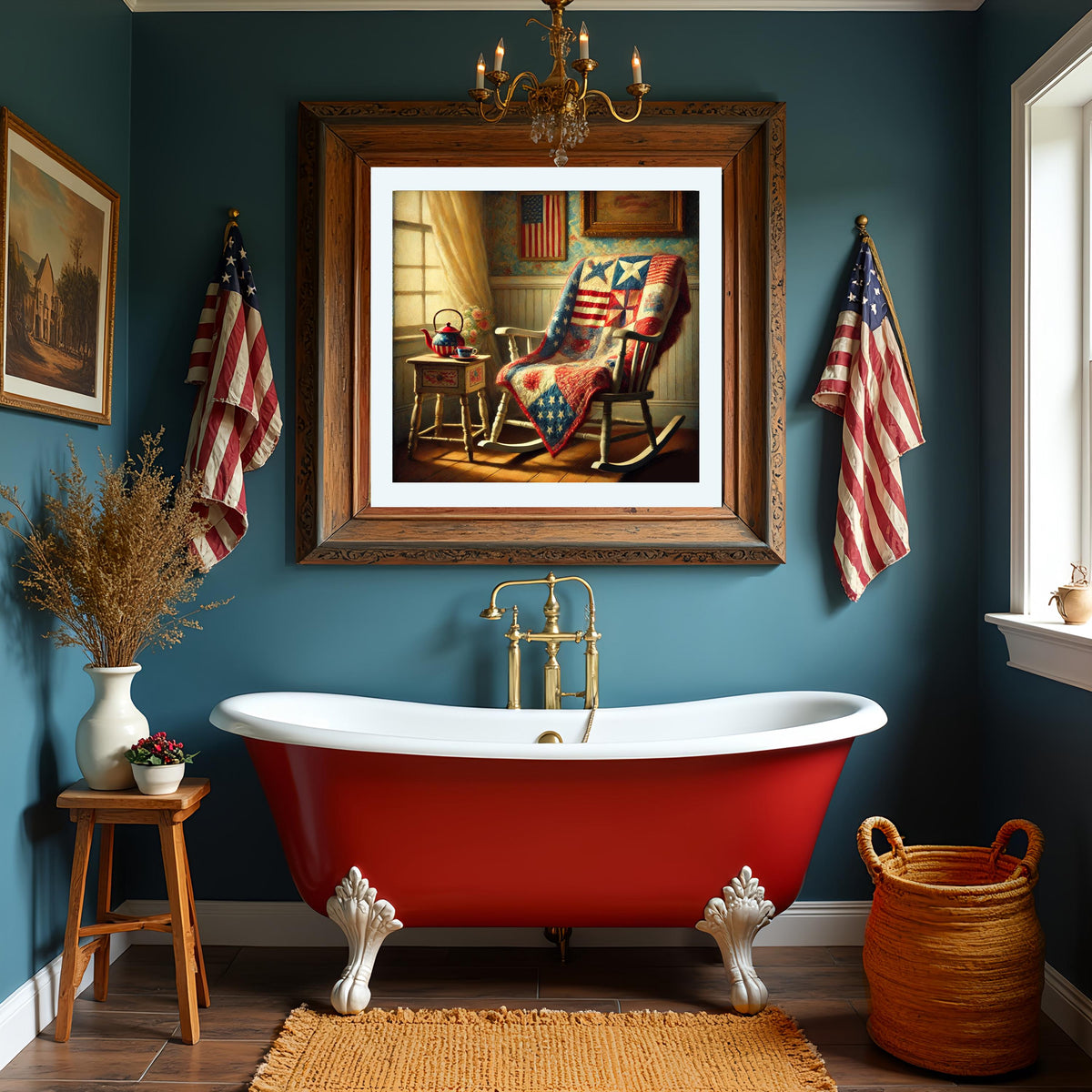 Americana Quilt Scene Digital Print: Vintage Patriotic Decor (Printable Wall Art)