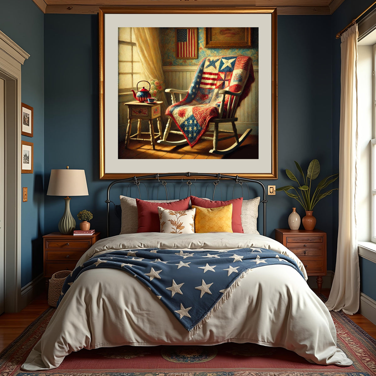 Americana Quilt Scene Digital Print: Vintage Patriotic Decor (Printable Wall Art)
