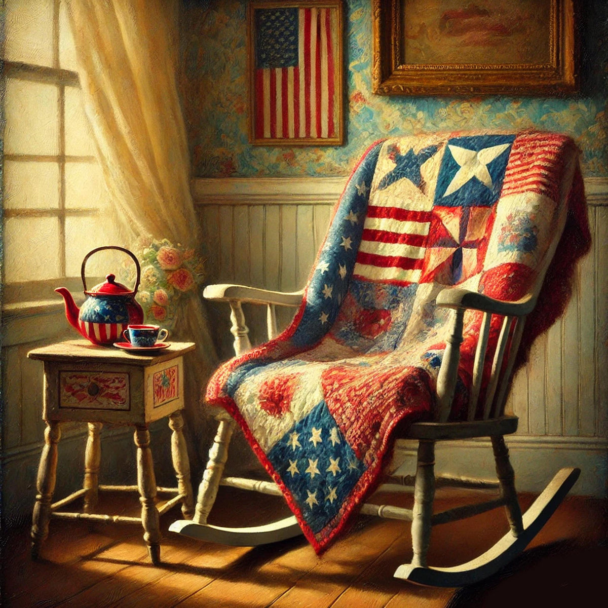 Americana Quilt Scene Digital Print: Vintage Patriotic Decor (Printable Wall Art)