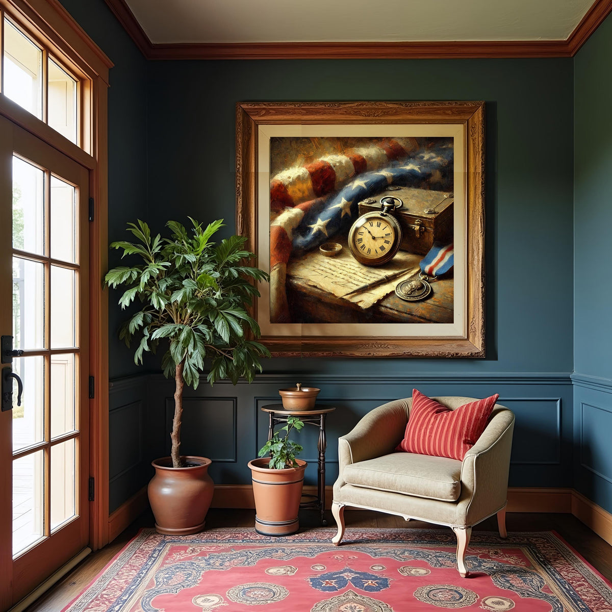 Vintage Patriotic Still Life Print: American Flag, Pocket Watch (Digital Download)
