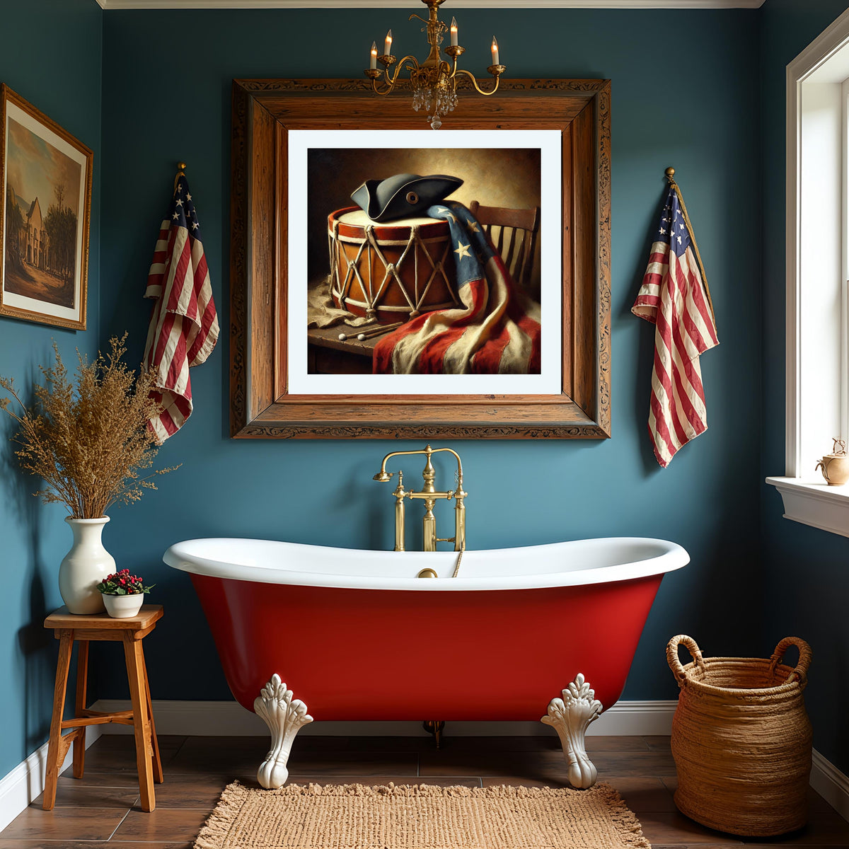 Colonial Americana Still Life: Drum, Tricorn Hat, Vintage Patriotic Art (Digital Download)