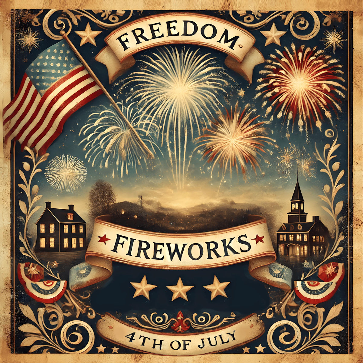 Freedom and Fireworks 4th of July Digital Art Print Patriotic Vintage Americana (Instant Download)