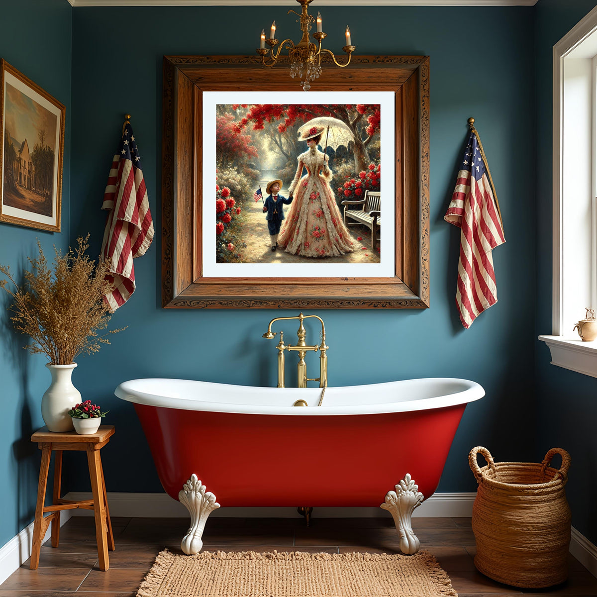 Victorian Mother and Son Patriotic Print: Americana Garden Scene (Digital Download)