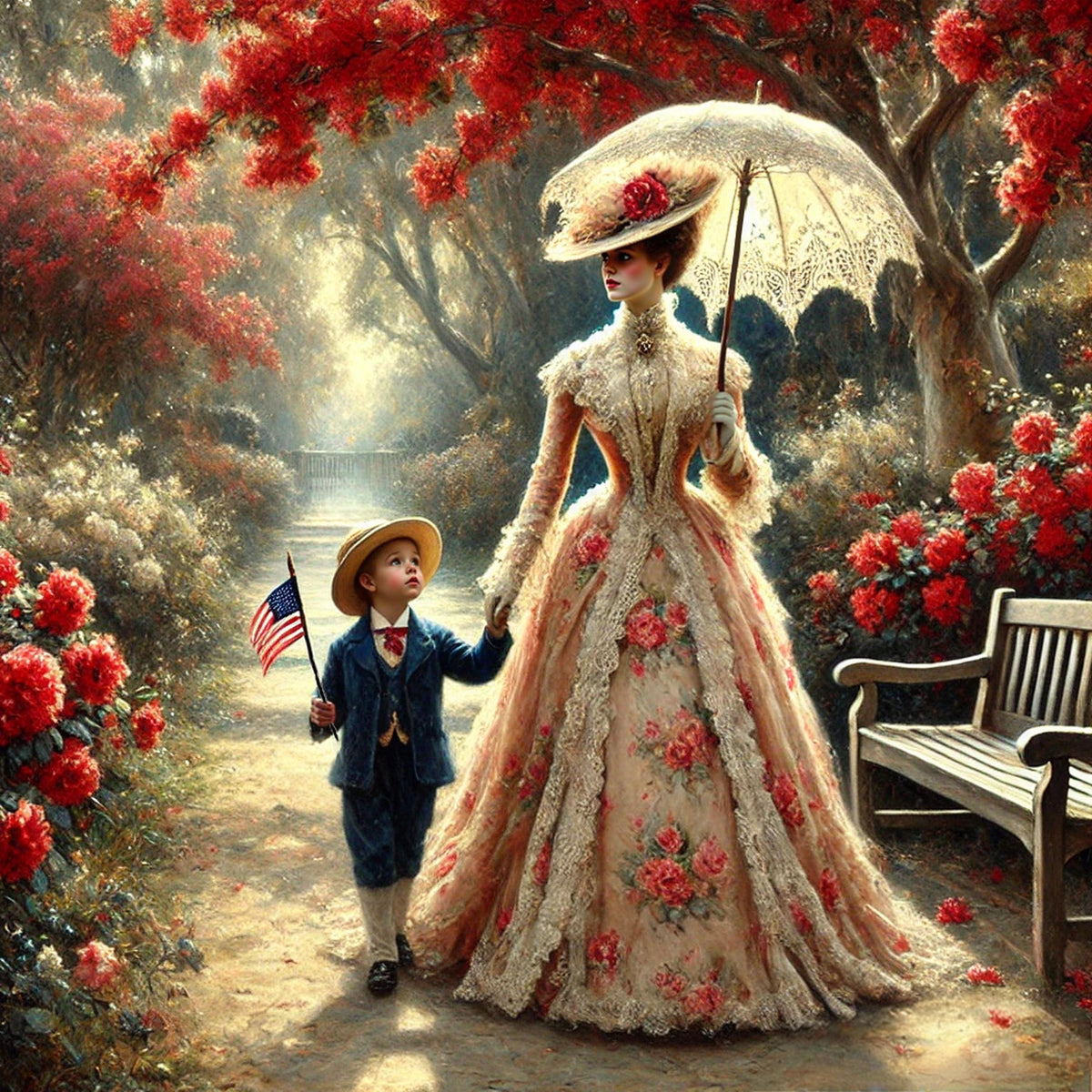 Victorian Mother and Son Patriotic Print: Americana Garden Scene (Digital Download)
