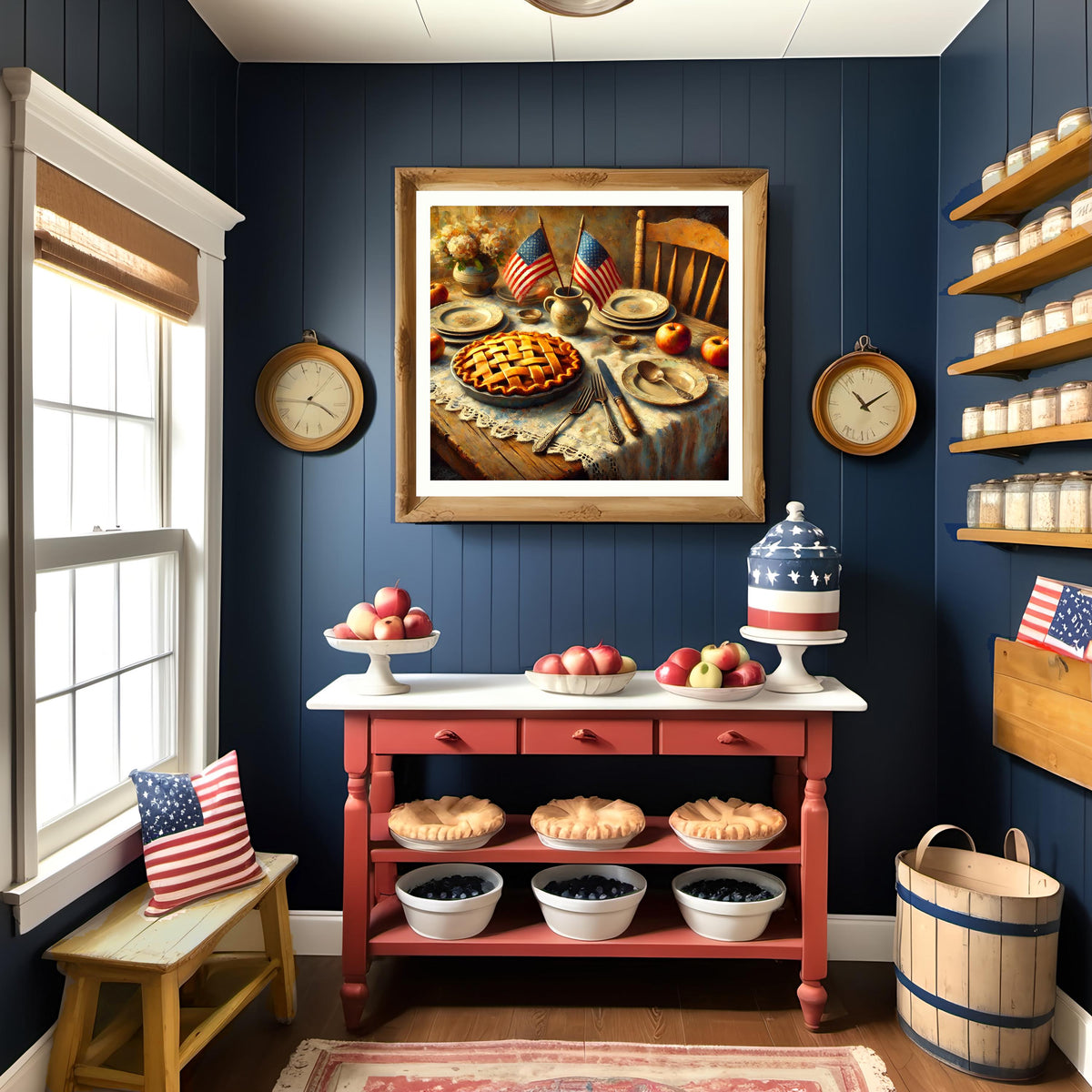 Patriotic Farmhouse Kitchen Print: Vintage USA Flag, Apple Pie (Digital Download)