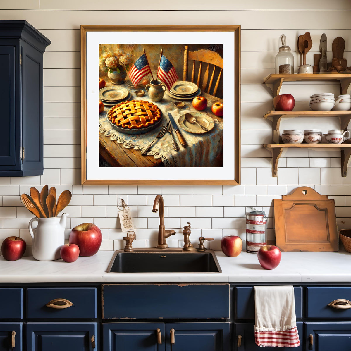 Patriotic Farmhouse Kitchen Print: Vintage USA Flag, Apple Pie (Digital Download)