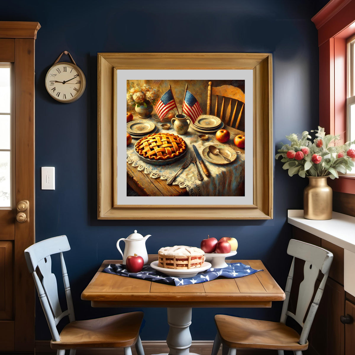 Patriotic Farmhouse Kitchen Print: Vintage USA Flag, Apple Pie (Digital Download)