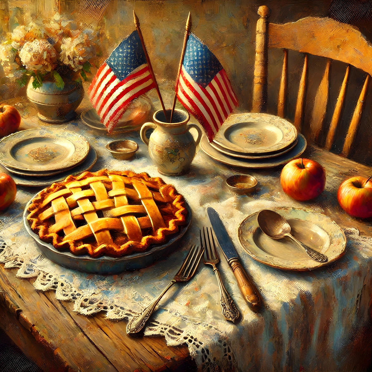 Patriotic Farmhouse Kitchen Print: Vintage USA Flag, Apple Pie (Digital Download)