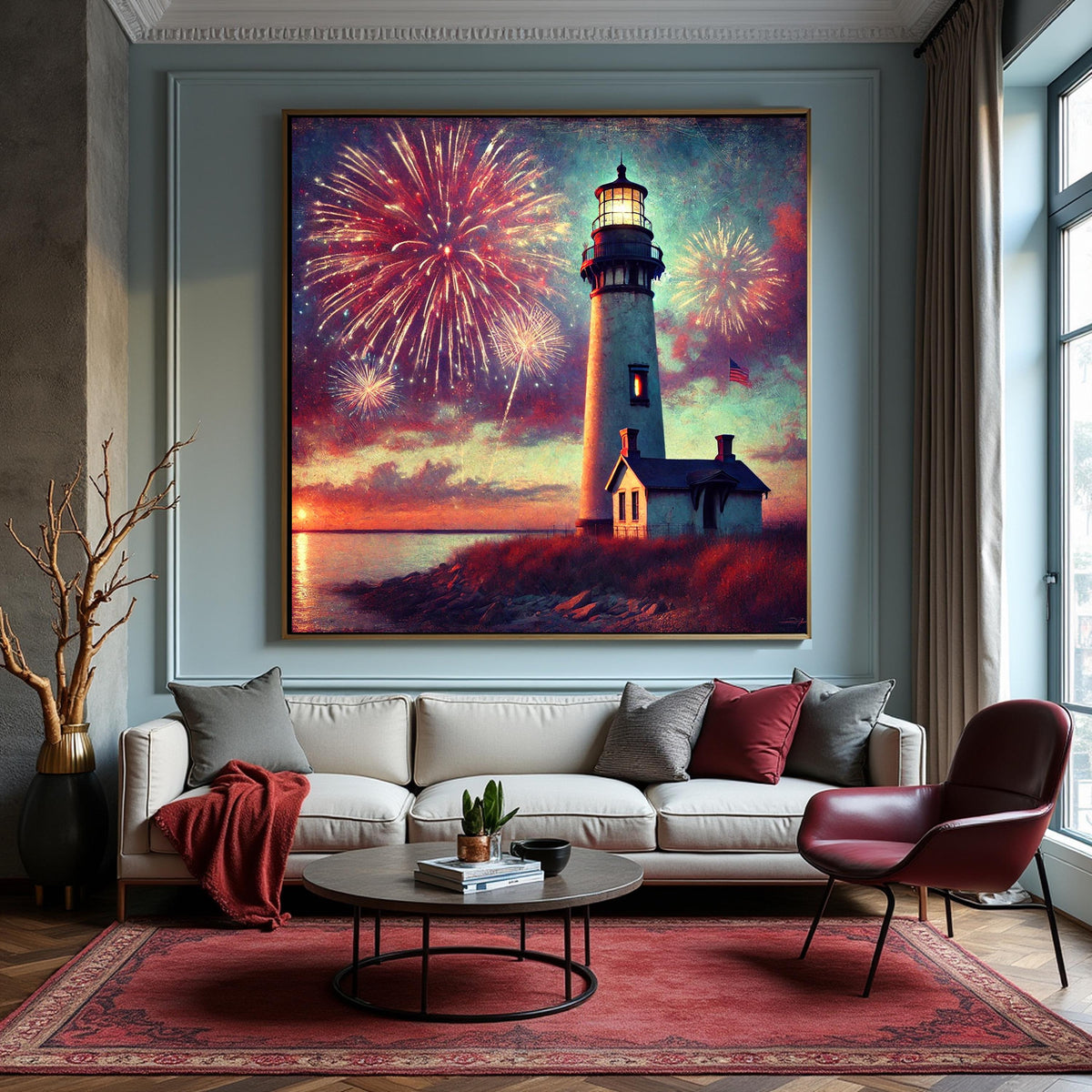 Vintage Lighthouse Fireworks Art: Patriotic Coastal Print (Digital Download)