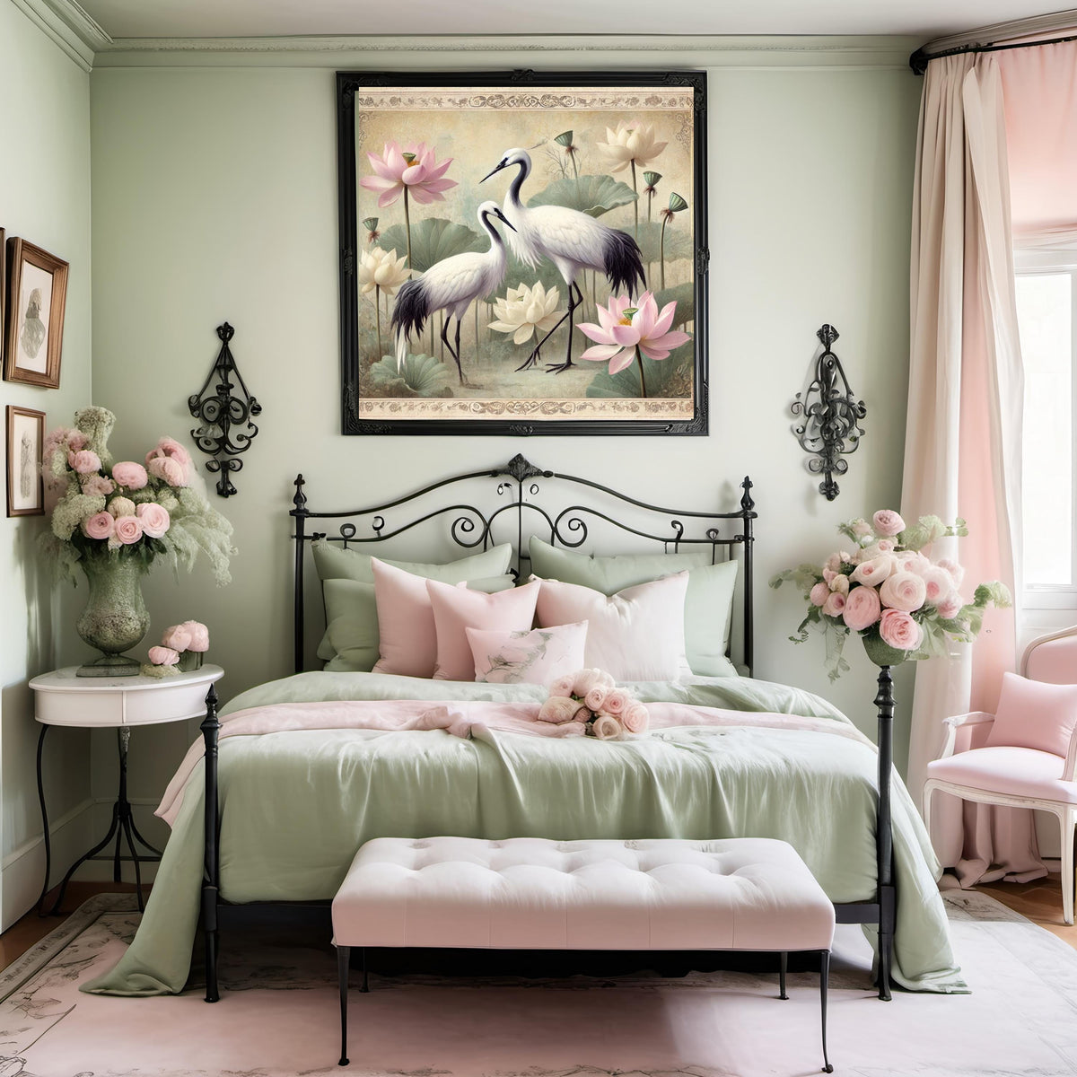 Vintage Crane and Lotus Flower Print: Asian Inspired Wall Art (Digital Download)