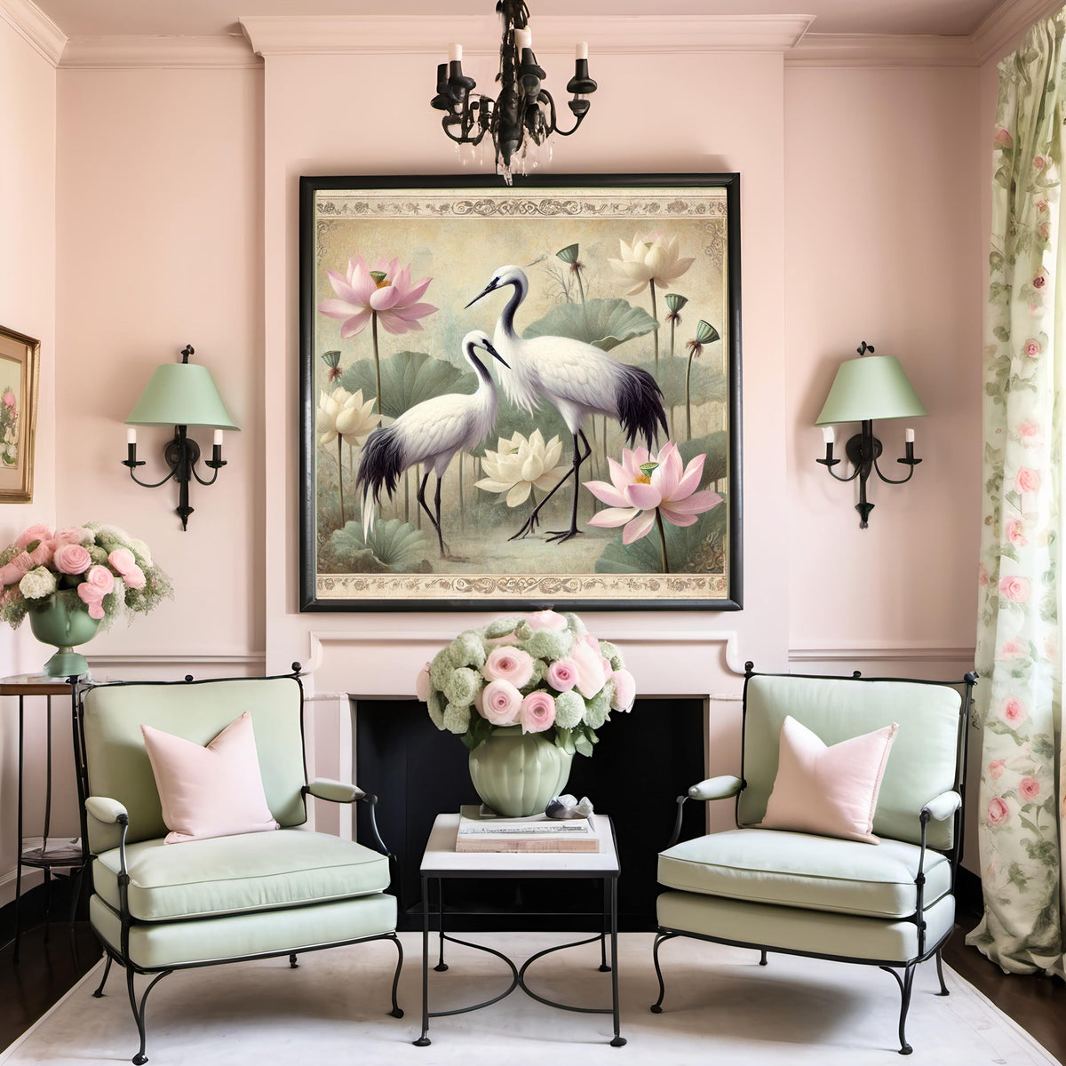 Vintage Crane and Lotus Flower Print: Asian Inspired Wall Art (Digital Download)