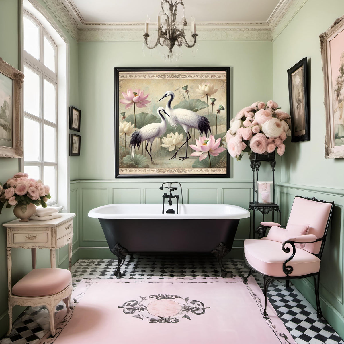 Vintage Crane and Lotus Flower Print: Asian Inspired Wall Art (Digital Download)