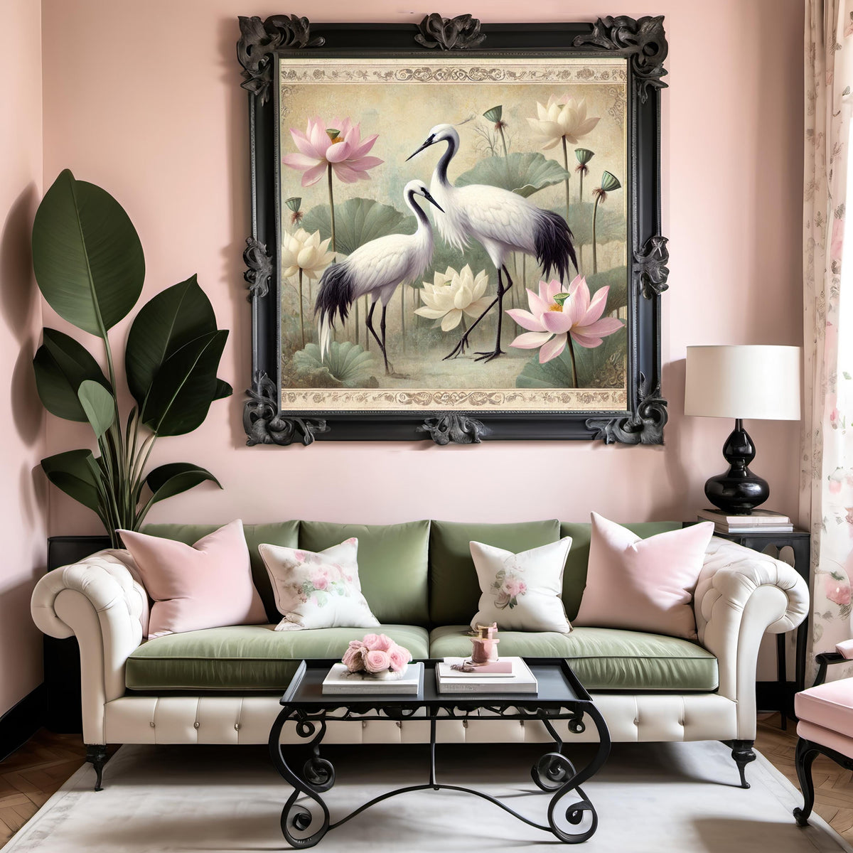 Vintage Crane and Lotus Flower Print: Asian Inspired Wall Art (Digital Download)