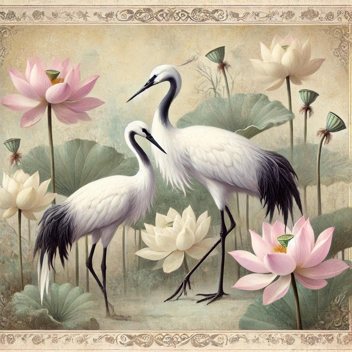 Vintage Crane and Lotus Flower Print: Asian Inspired Wall Art (Digital Download)