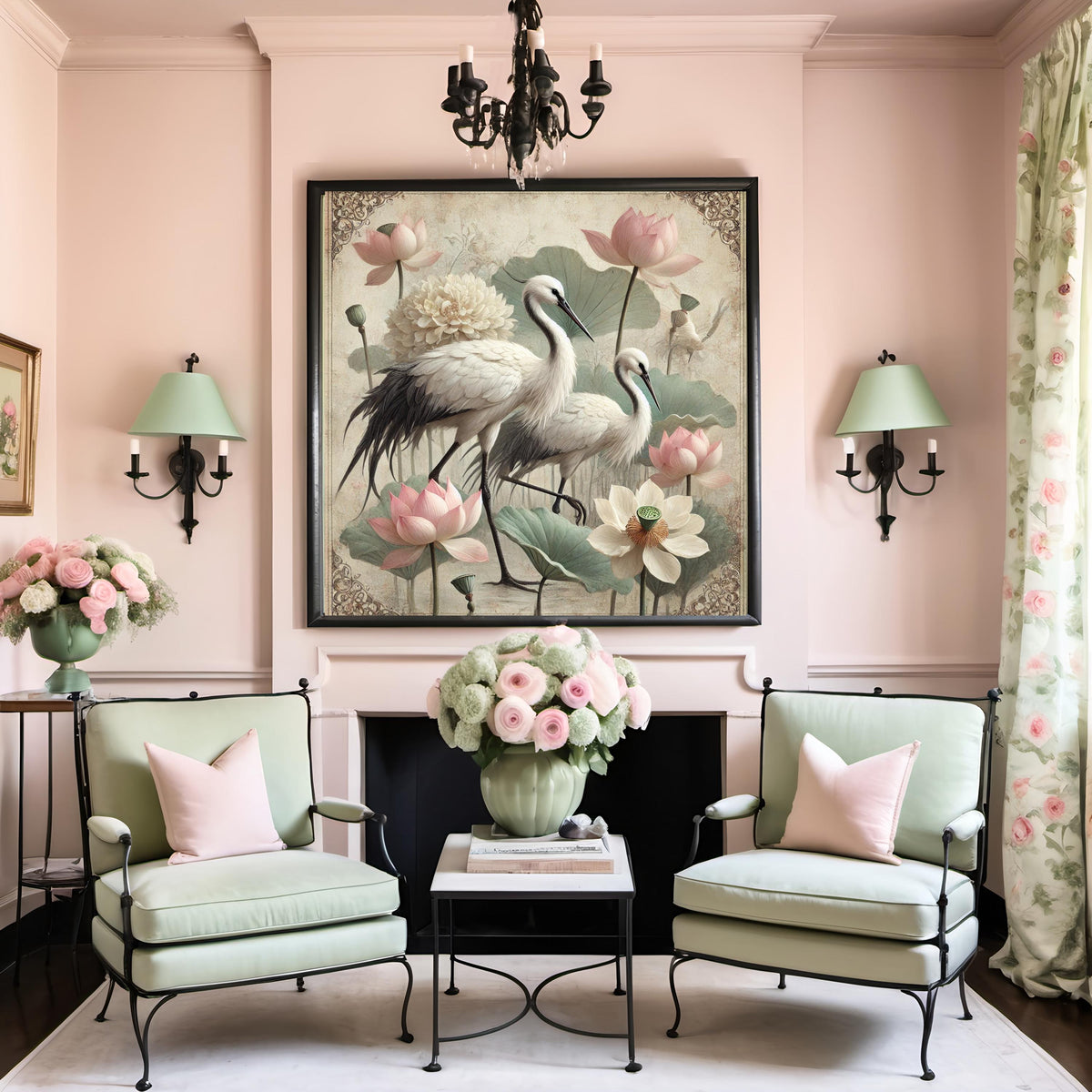 Crane and Lotus Flower Art Print: Vintage Asian-Inspired Wall Decor (Digital Download)