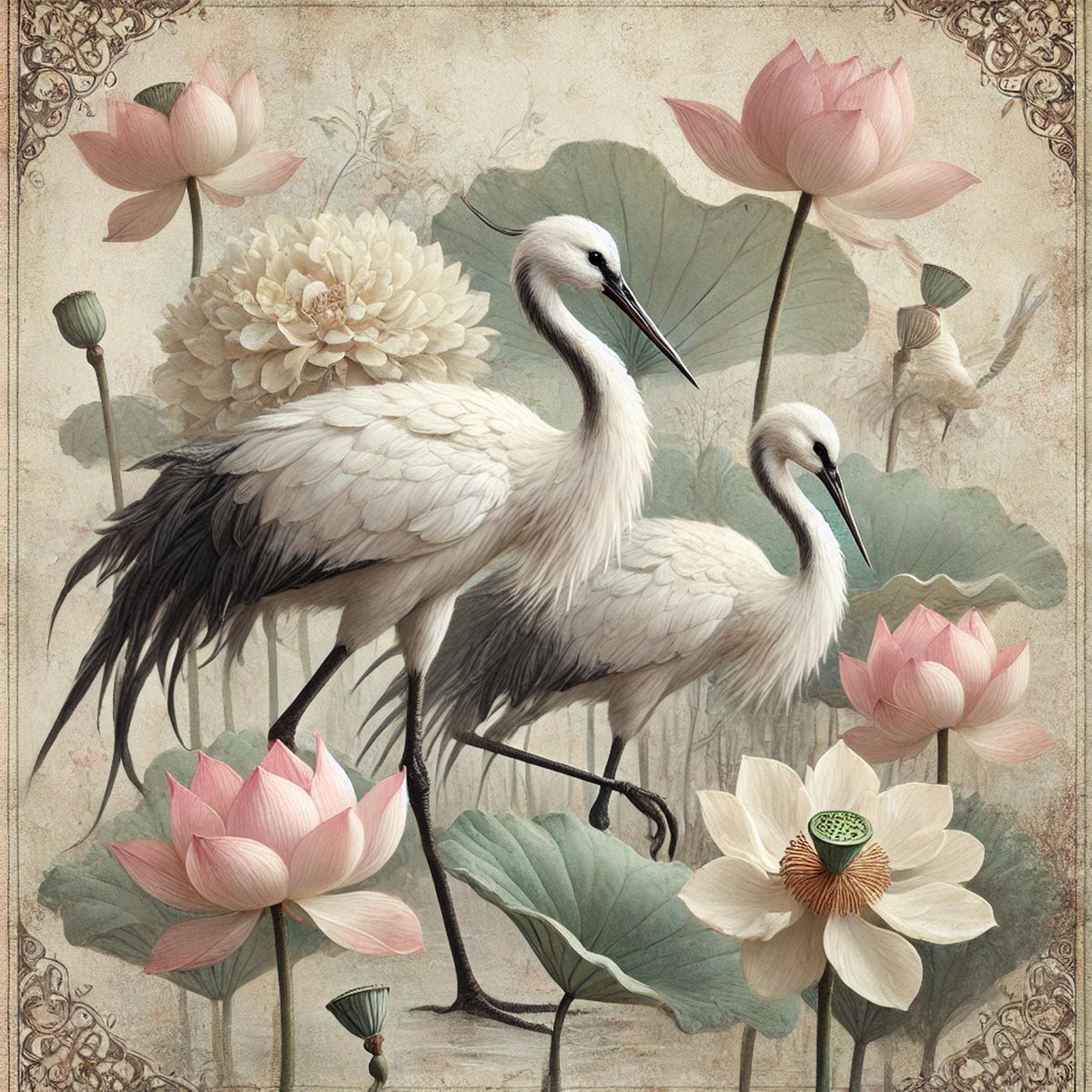 Crane and Lotus Flower Art Print: Vintage Asian-Inspired Wall Decor (Digital Download)