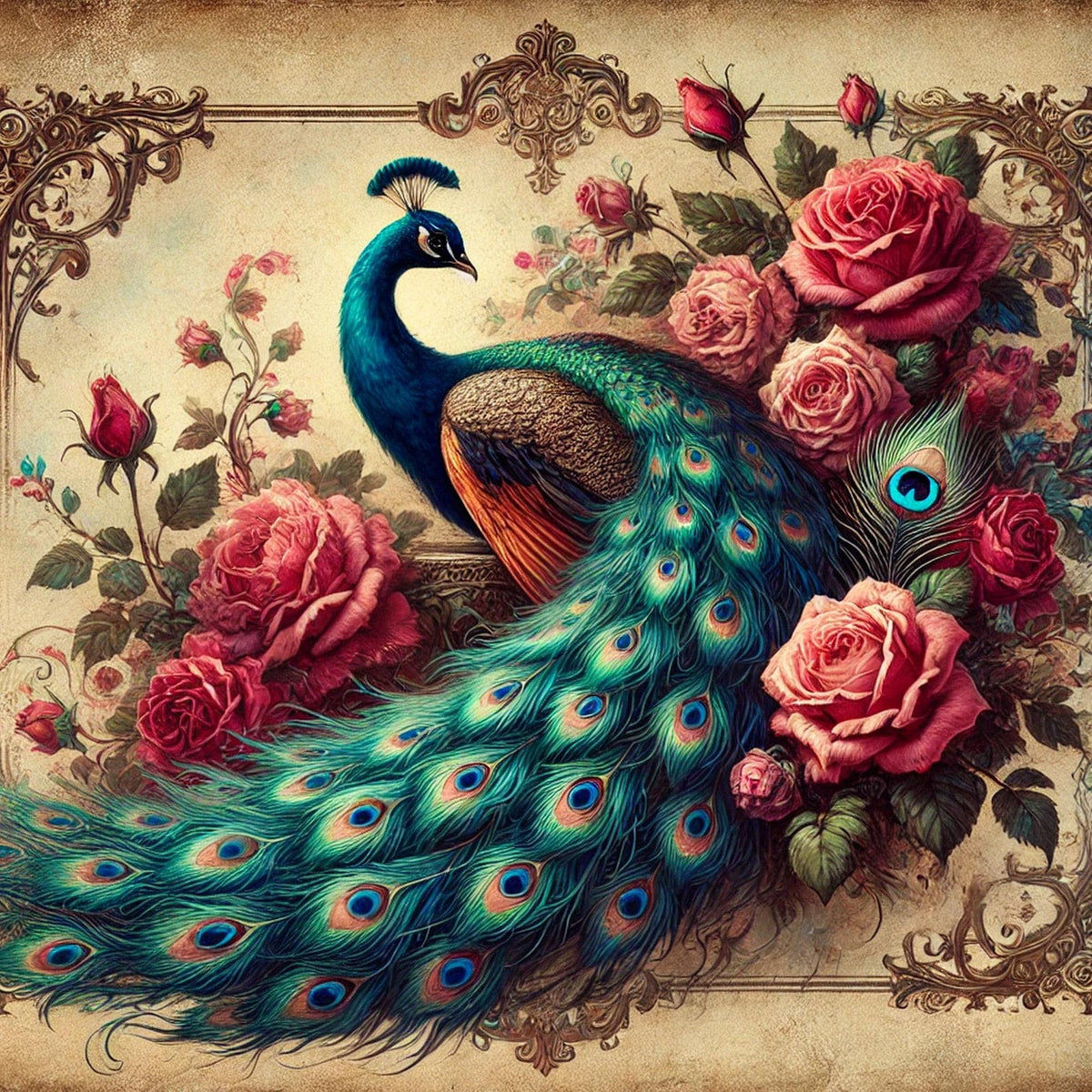 Victorian Peacock & Roses Print: Antique Style Floral Wall Art (Digital Download) 3