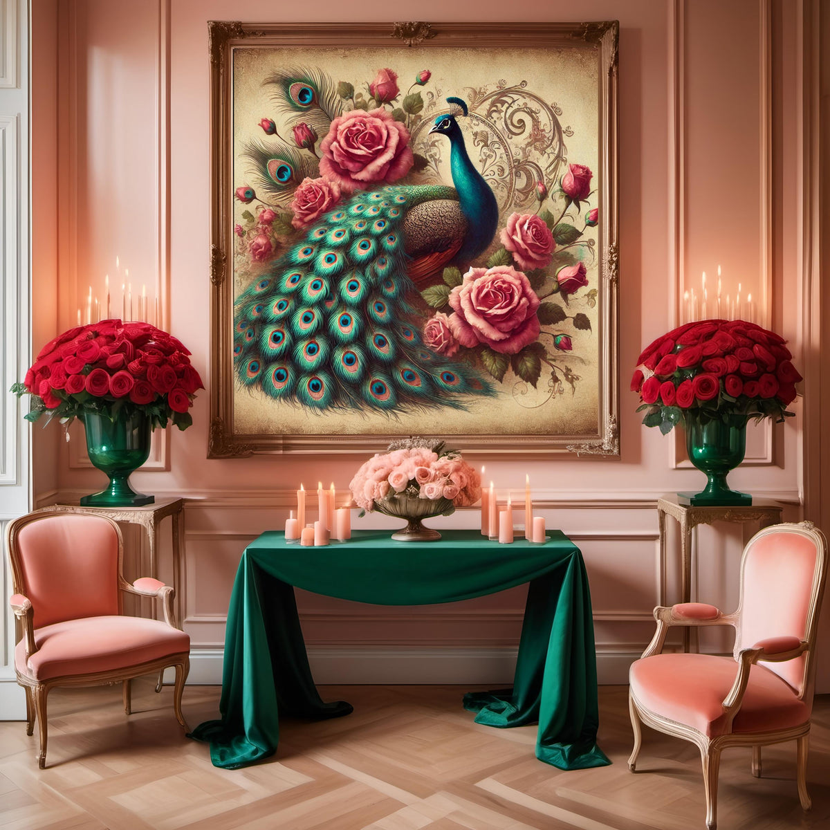 Victorian Peacock & Roses Print: Antique Style Floral Wall Art (Digital Download) 2