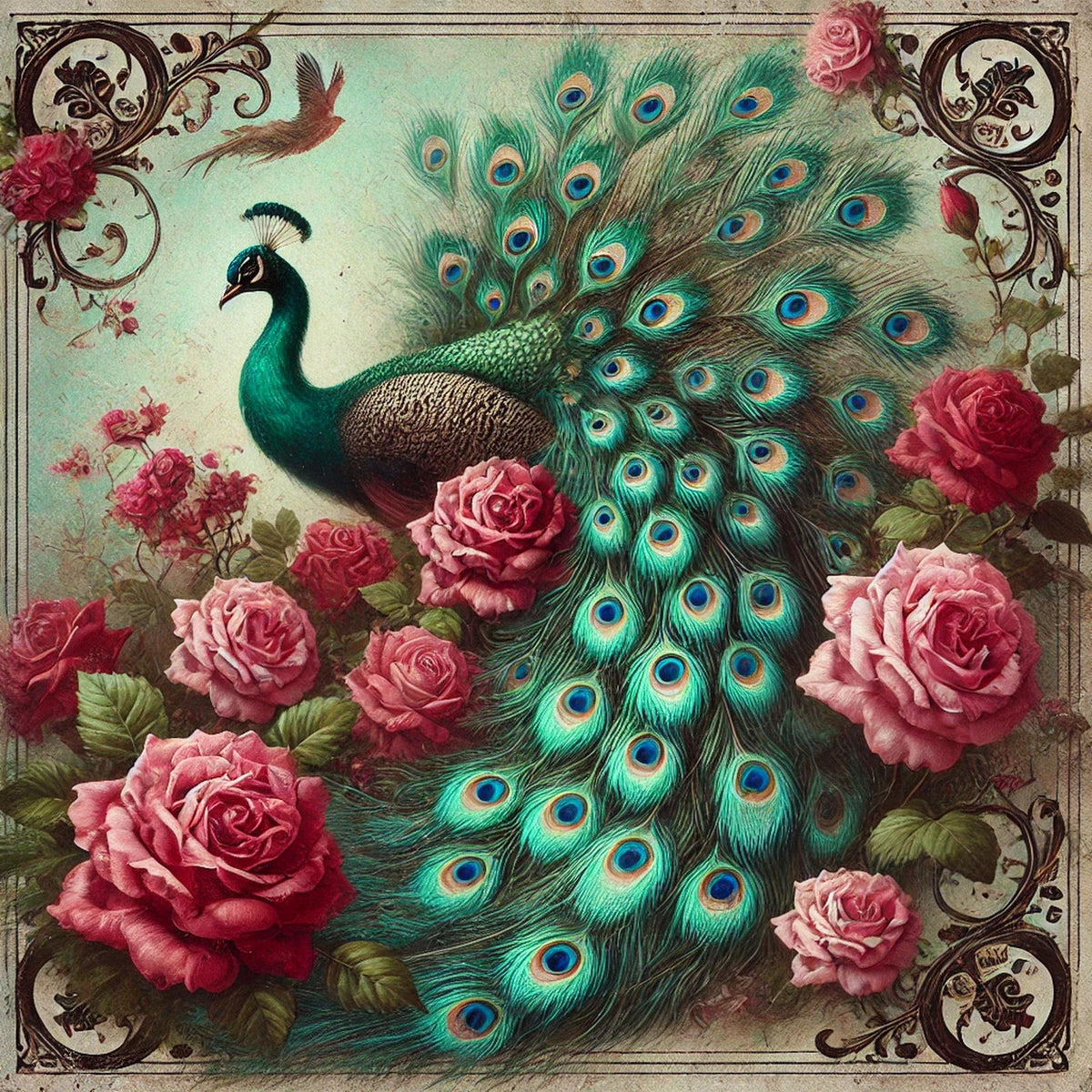 Victorian Peacock & Roses Print: Antique Style Floral Wall Art (Digital Download)