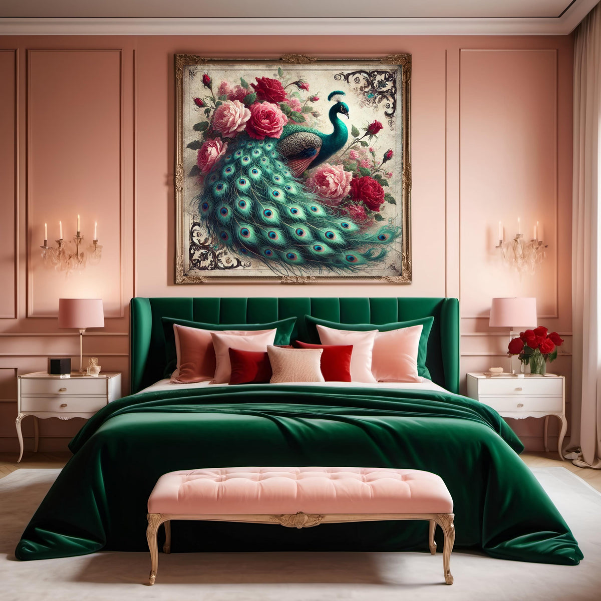 Victorian Peacock & Roses Print: Antique Style Floral Wall Art (Digital Download 30x30 inches)