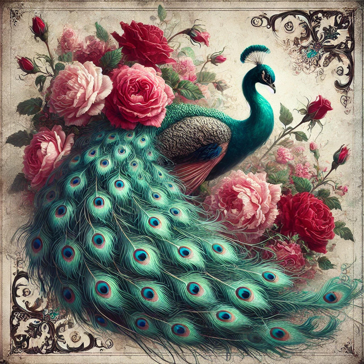 Victorian Peacock & Roses Print: Antique Style Floral Wall Art (Digital Download 30x30 inches)