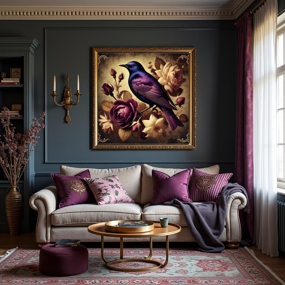 Violet Starling & Roses Art Print: Vintage Bird Digital Download