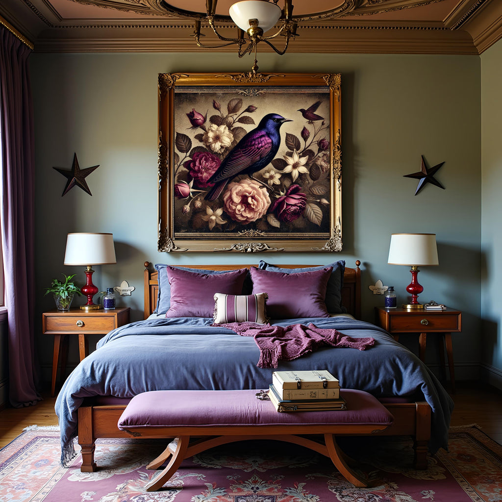 Vintage Starling Bird Art Print: Violet Blue, Roses (Digital Download)