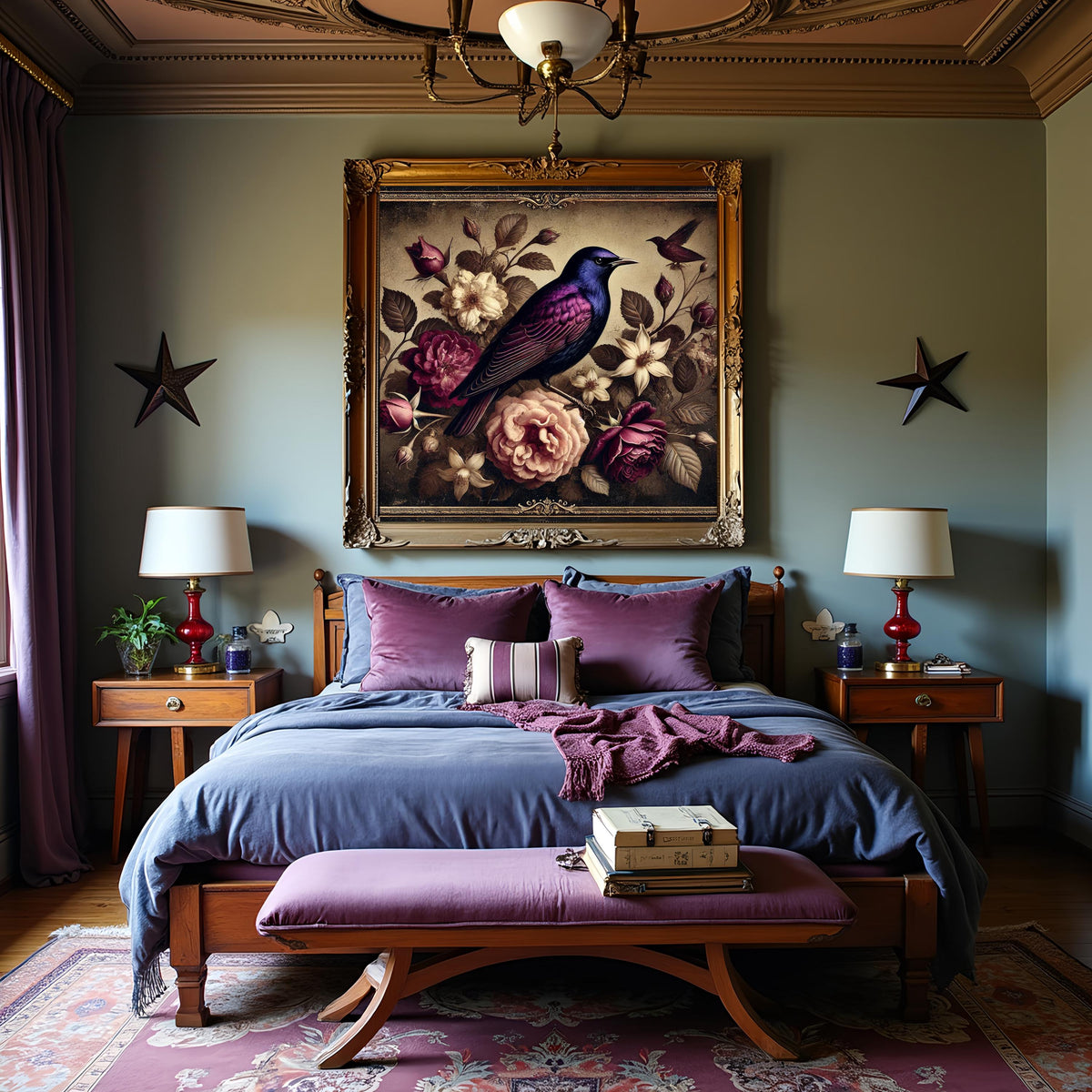 Vintage Starling Bird Art Print: Violet Blue, Roses (Digital Download)