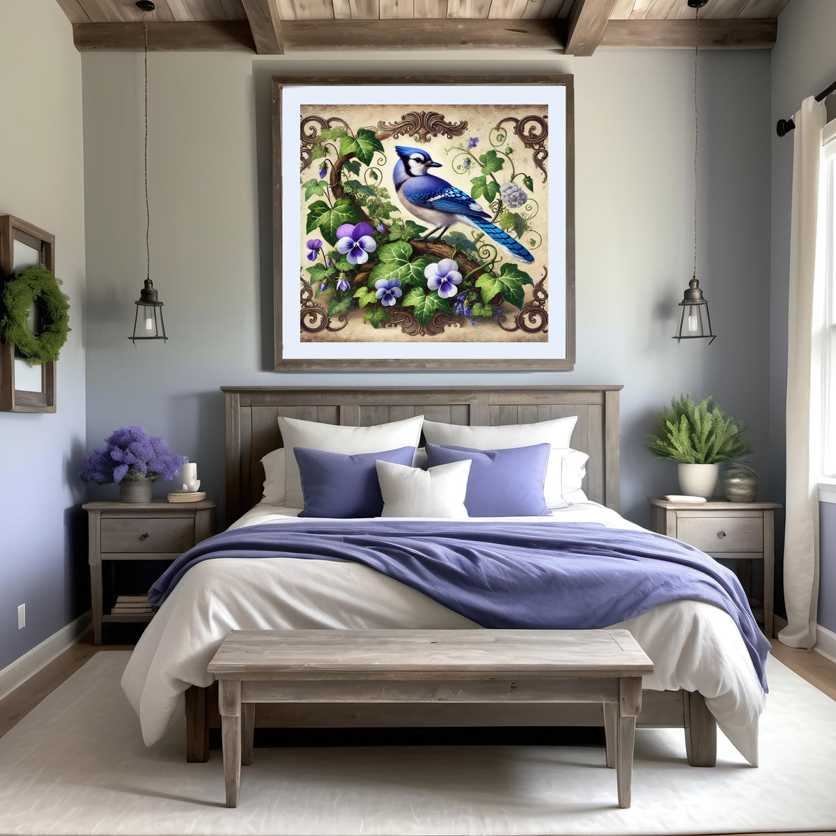 Blue Jay & Violet Flower Print: Vintage Cottagecore Wall Art (Digital Download) 2