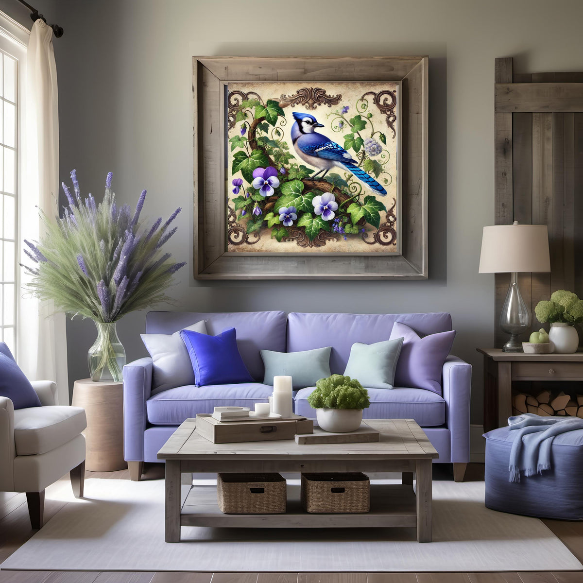 Blue Jay & Violet Flower Print: Vintage Cottagecore Wall Art (Digital Download) 2