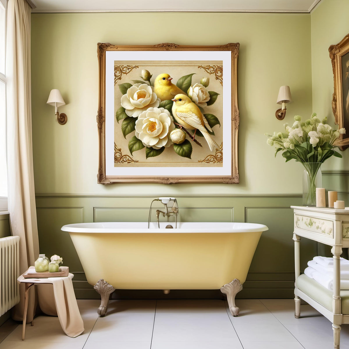 Canary and Camellia Flower Vintage Art Print: Yellow Bird Digital Download