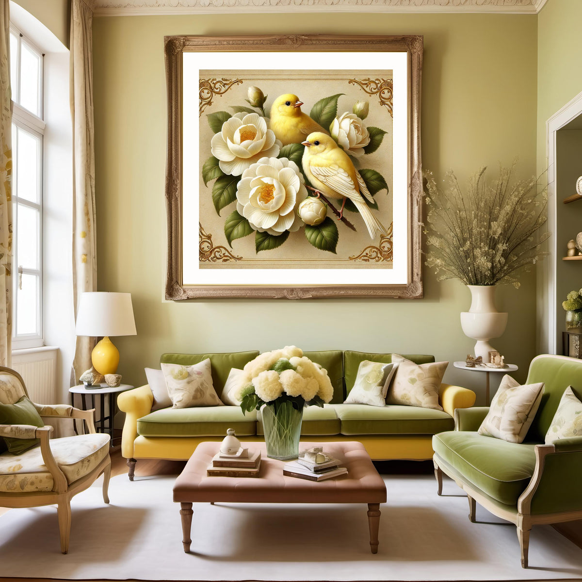 Canary and Camellia Flower Vintage Art Print: Yellow Bird Digital Download