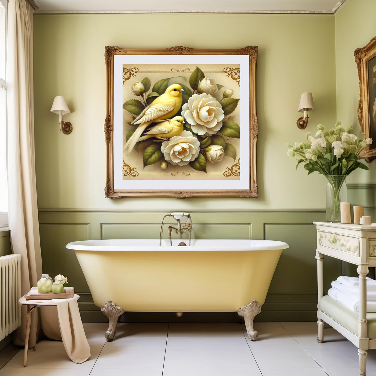 Vintage Canary & Camellia Flower Art Print: Botanical Bird Wall Decor (Digital Download)