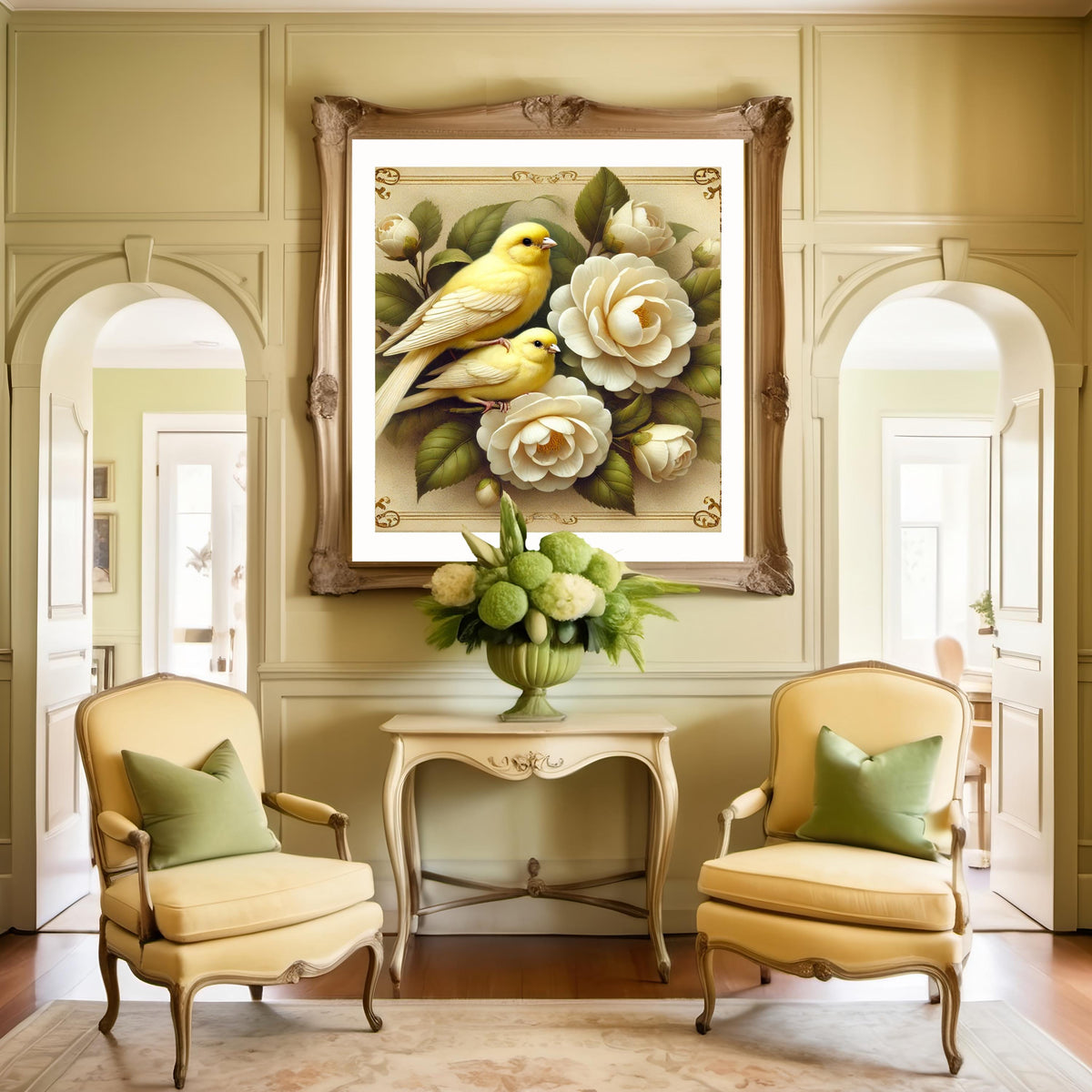 Vintage Canary & Camellia Flower Art Print: Botanical Bird Wall Decor (Digital Download)