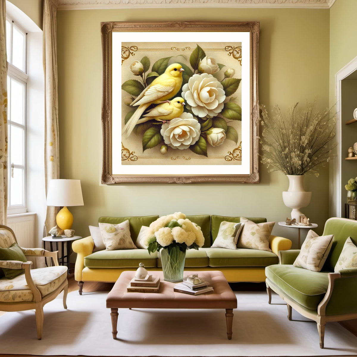 Vintage Canary & Camellia Flower Art Print: Botanical Bird Wall Decor (Digital Download)