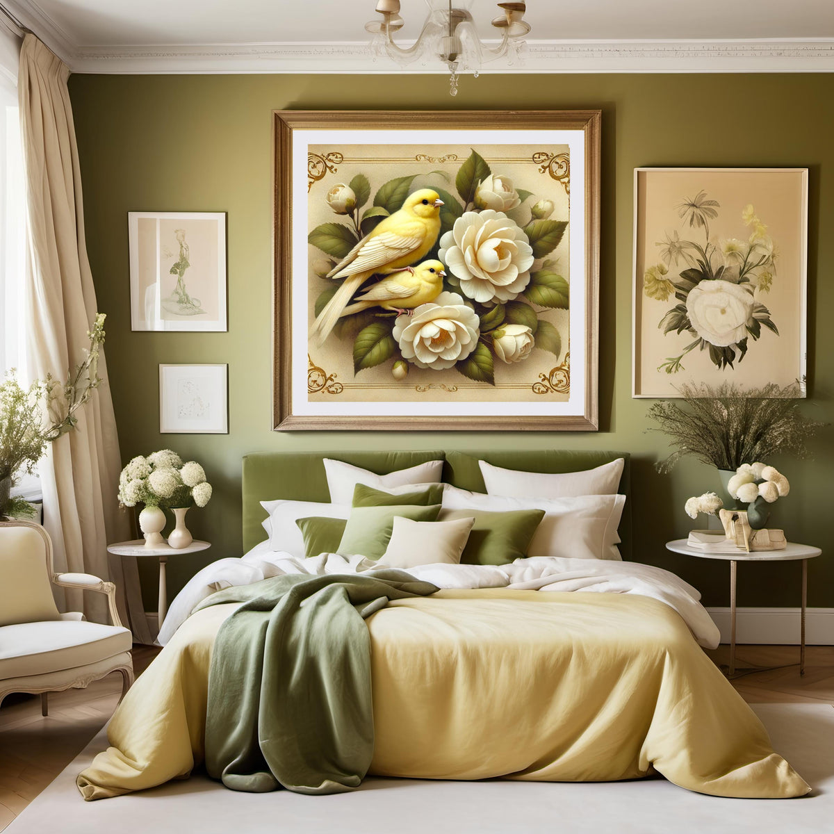 Vintage Canary & Camellia Flower Art Print: Botanical Bird Wall Decor (Digital Download)