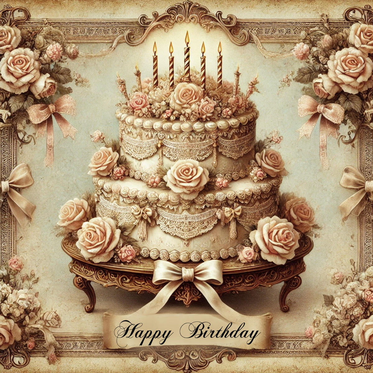 Vintage Birthday Cake Sign: Rose Lace Victorian Art (Digital Download)