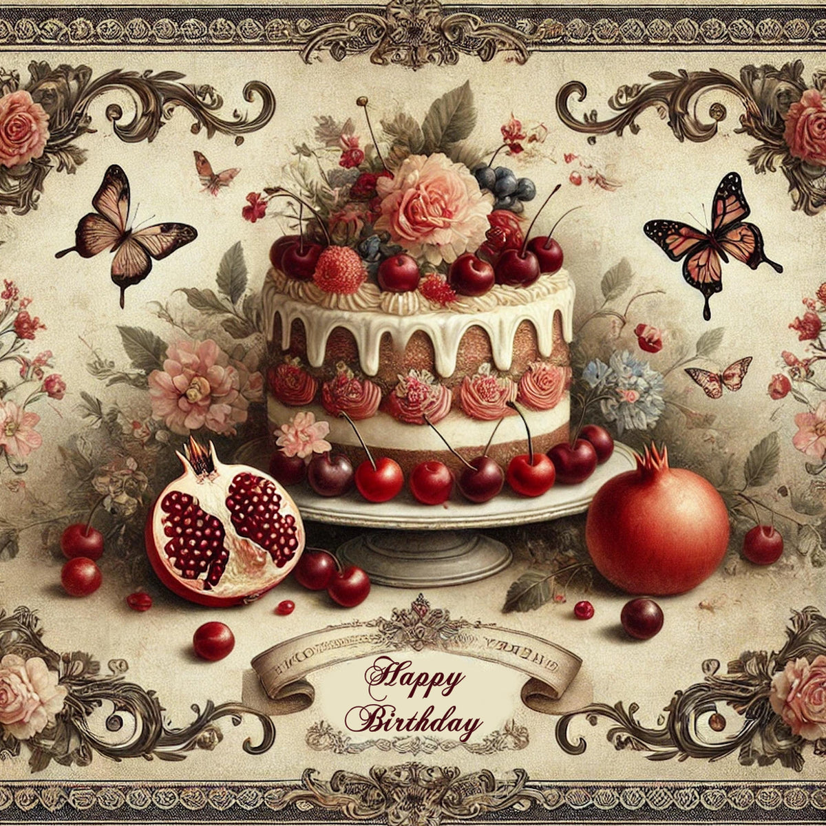 Vintage Happy Birthday Sign: Floral Cake Art, Victorian Printable (Digital Download)