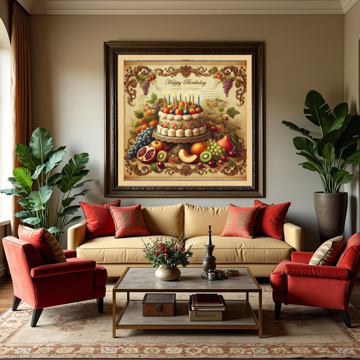 Vintage Fruit Birthday Cake Print: Happy Birthday Party Decor (Digital Download)