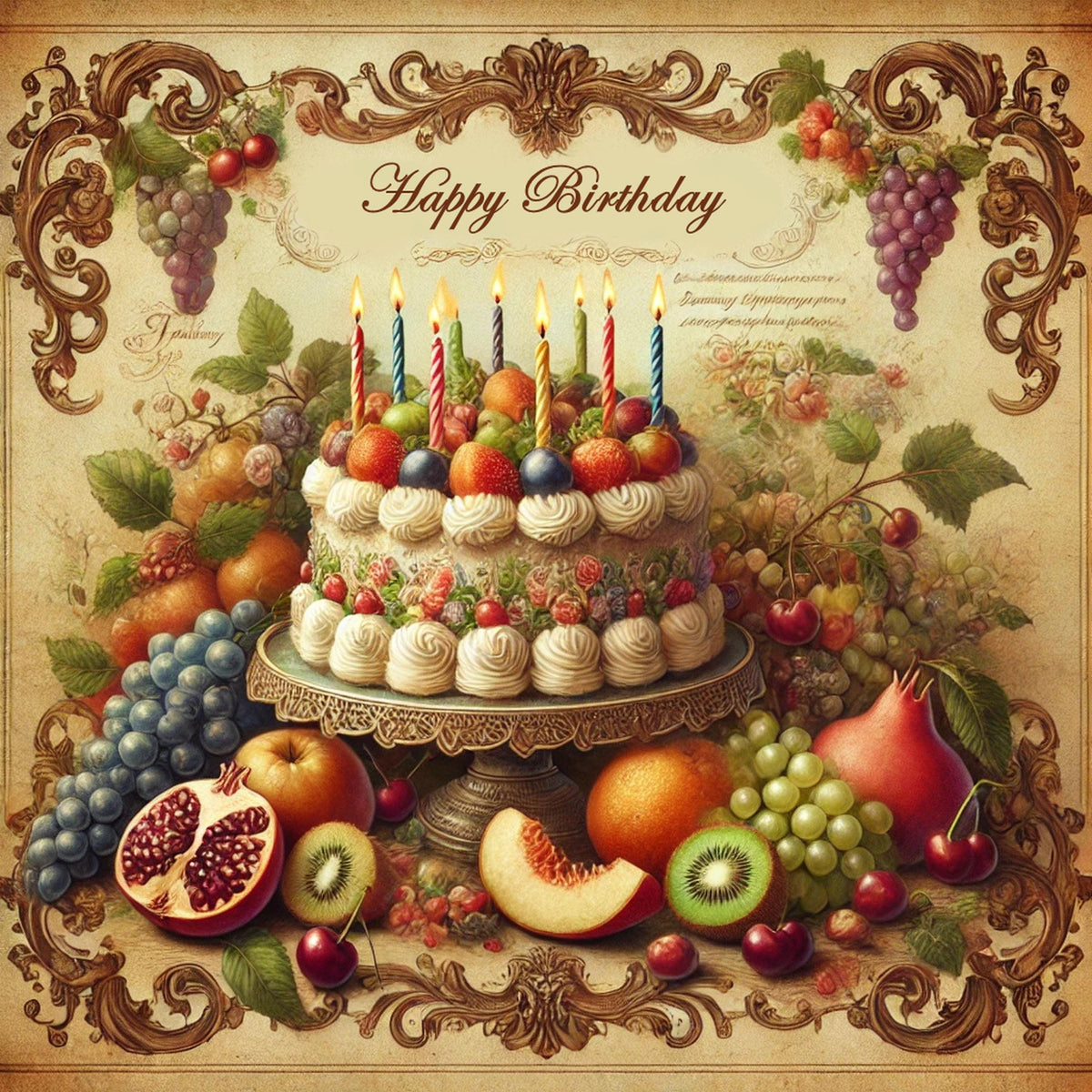 Vintage Fruit Birthday Cake Print: Happy Birthday Party Decor (Digital Download)
