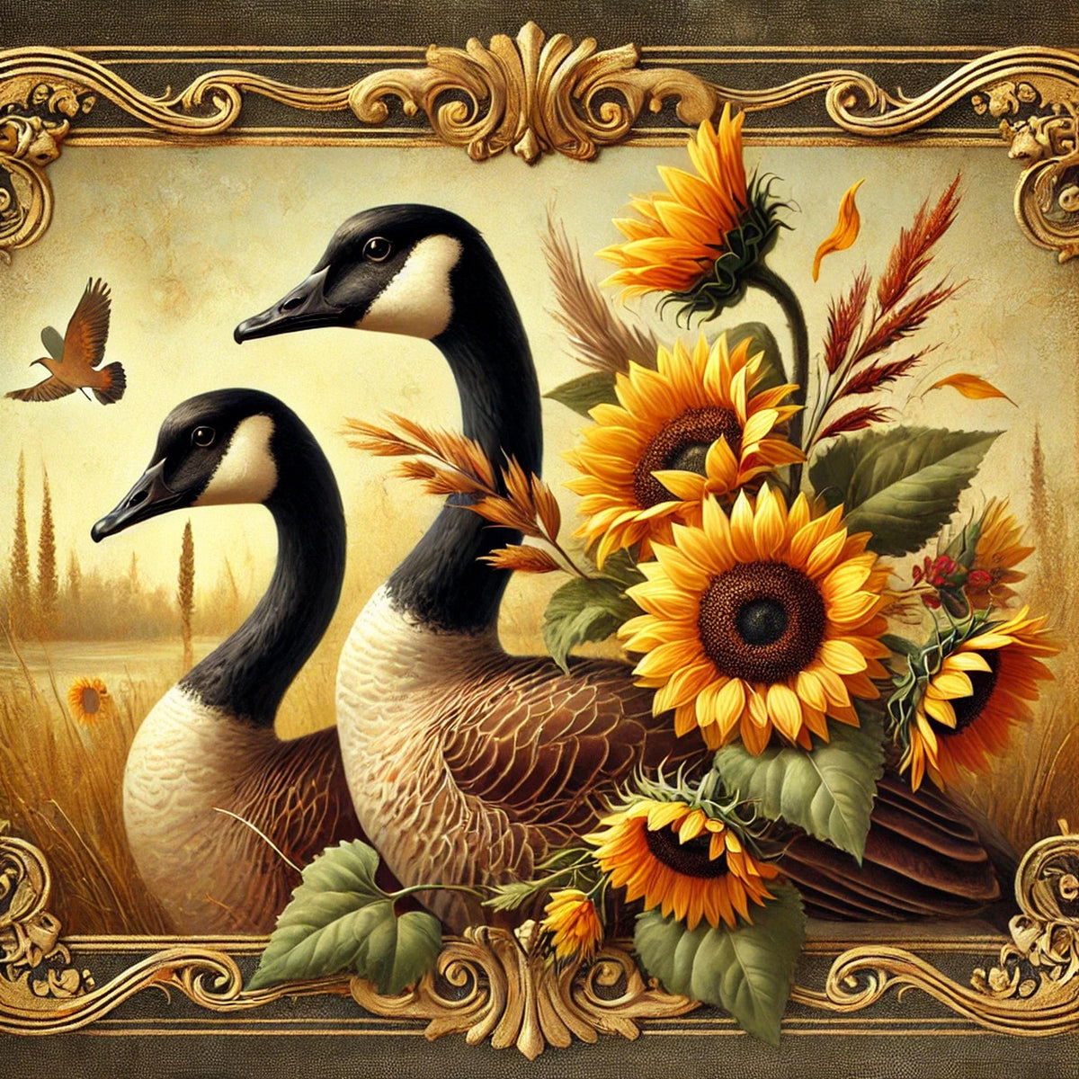 Vintage Canada Geese Print: Rustic Farmhouse Sunflower Art (Digital Download)
