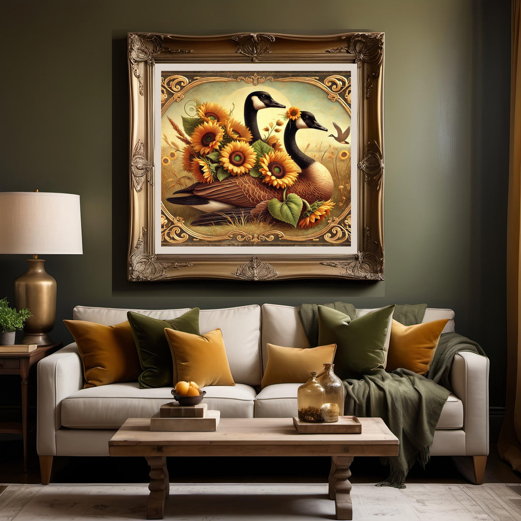 Vintage Canada Geese Sunflower Print: Rustic Farmhouse Autumn Art (Digital Download)