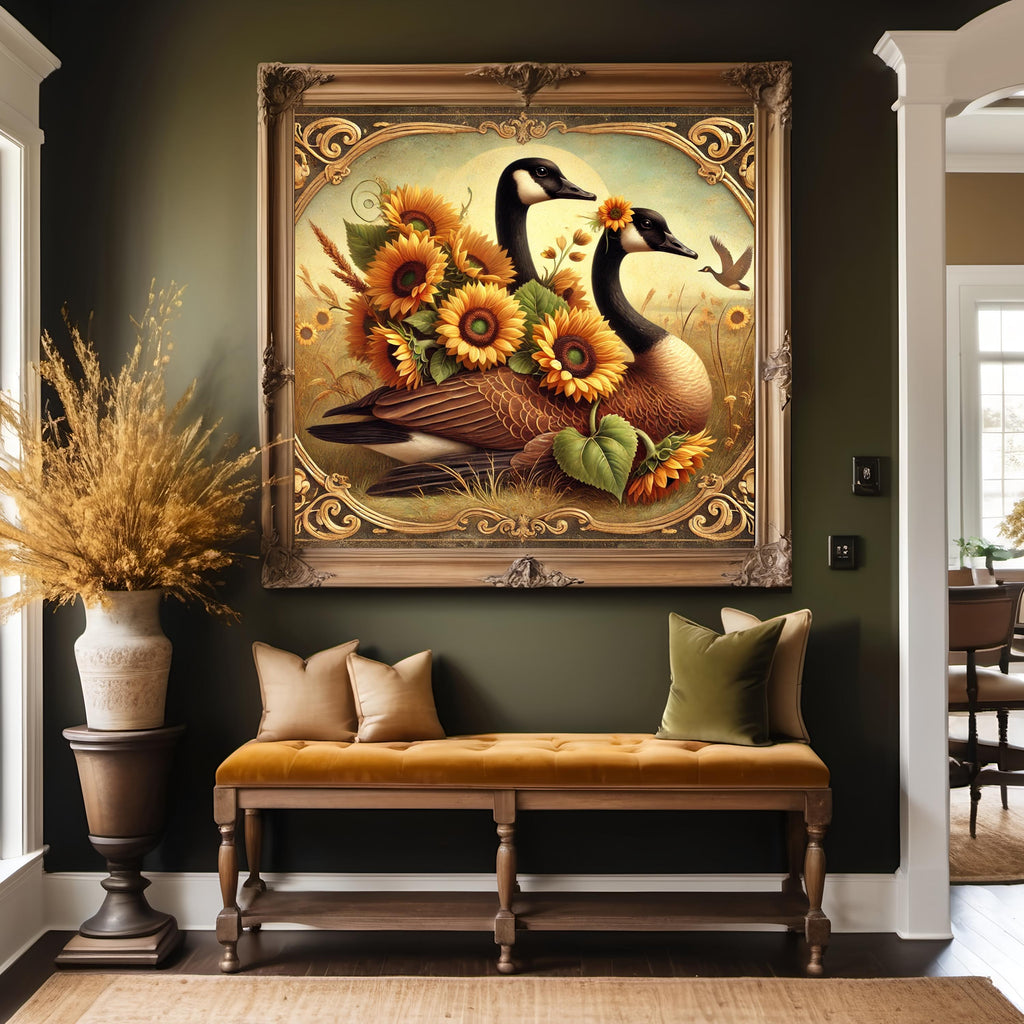 Vintage Canada Geese Sunflower Print: Rustic Farmhouse Autumn Art (Digital Download)