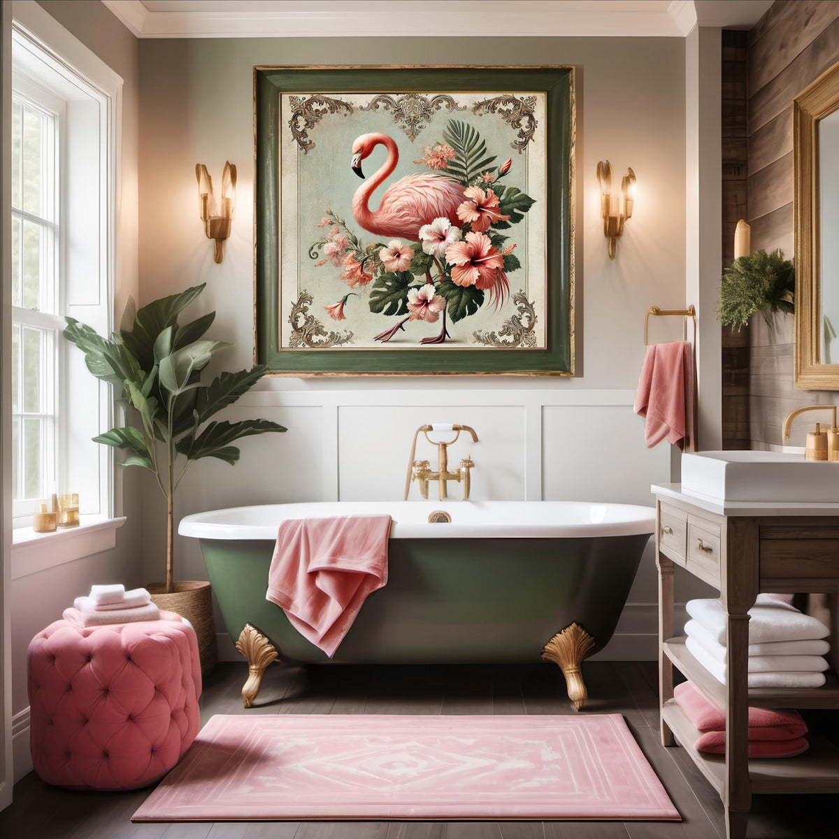 Vintage Flamingo Print: Tropical Hibiscus Floral Wall Art (Digital Download) 2