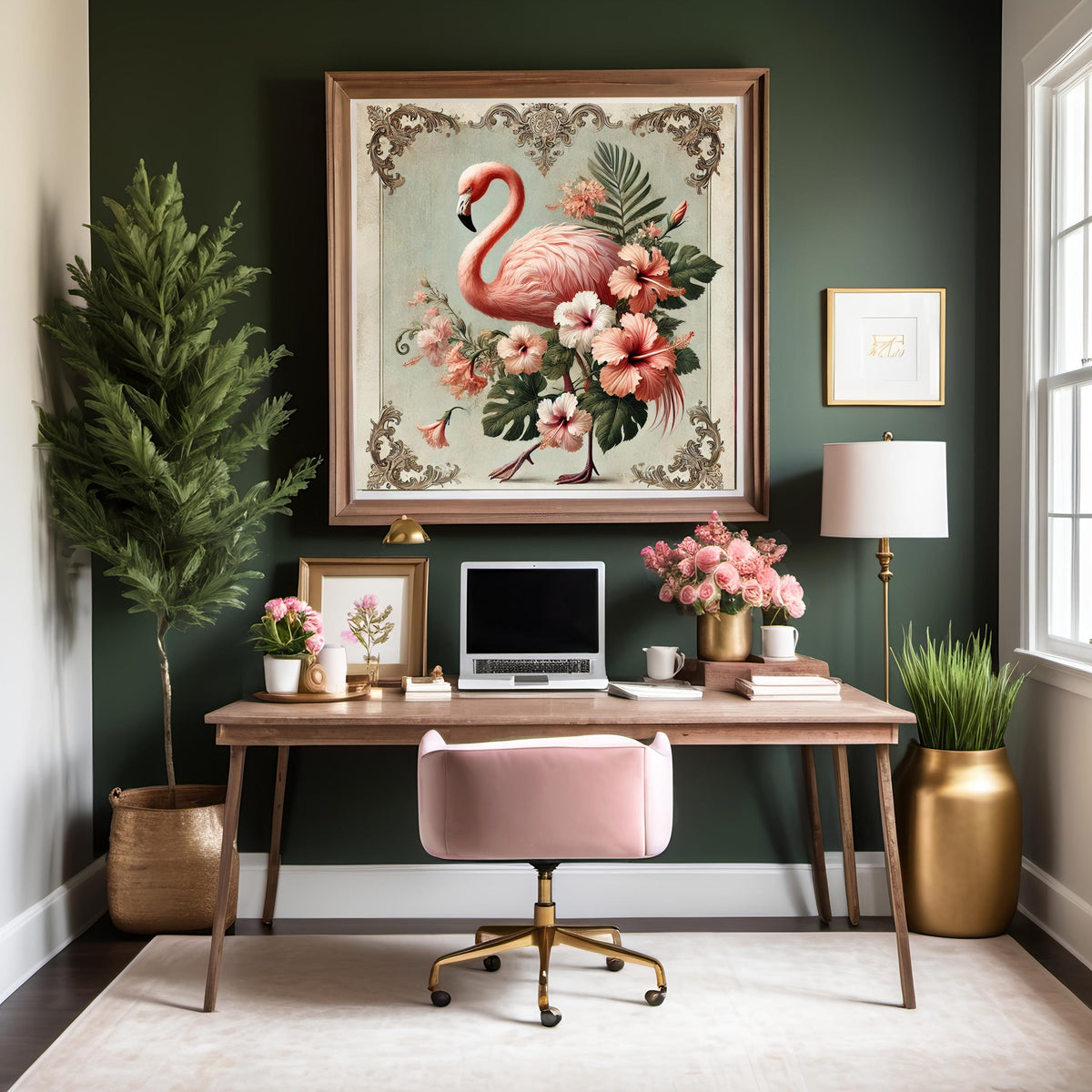 Vintage Flamingo Print: Tropical Hibiscus Floral Wall Art (Digital Download) 2